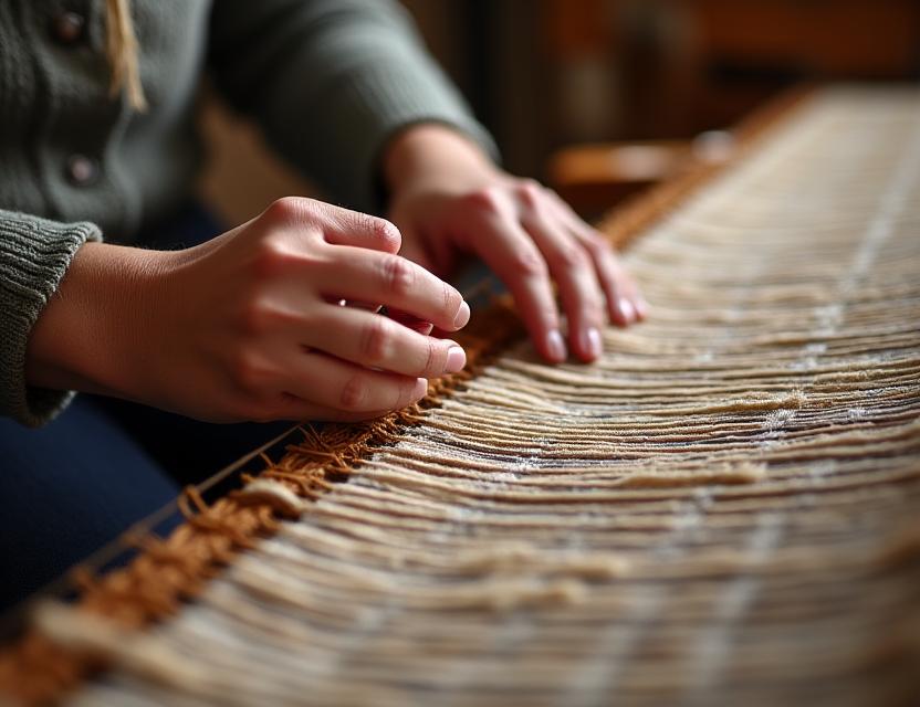 Close-up of artisan rug weaving process