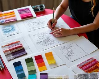 Textile designers sketching and selecting color palettes